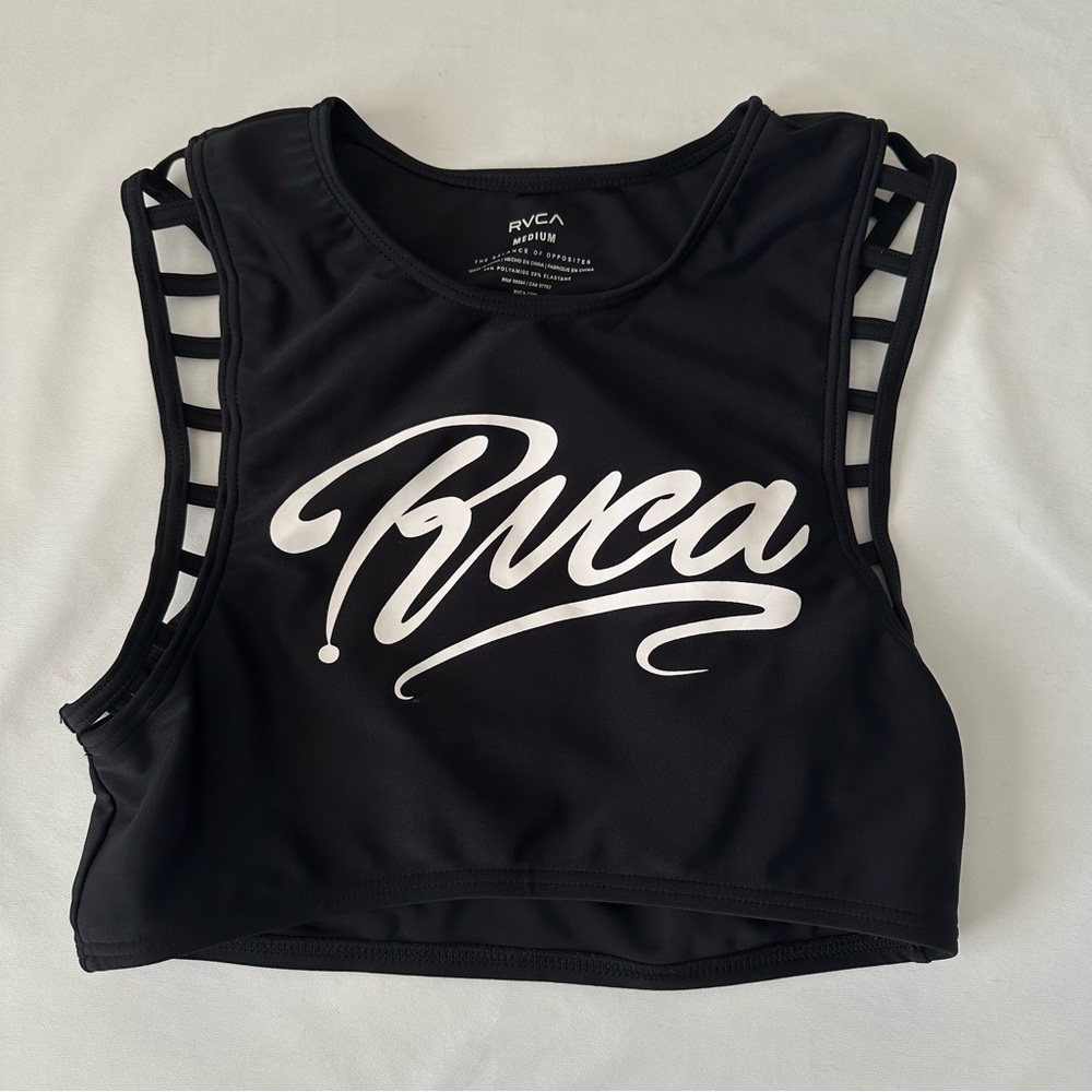 RVCA Runway Crop Swim Top White Script Logo Caged Cutout Details Black Medium